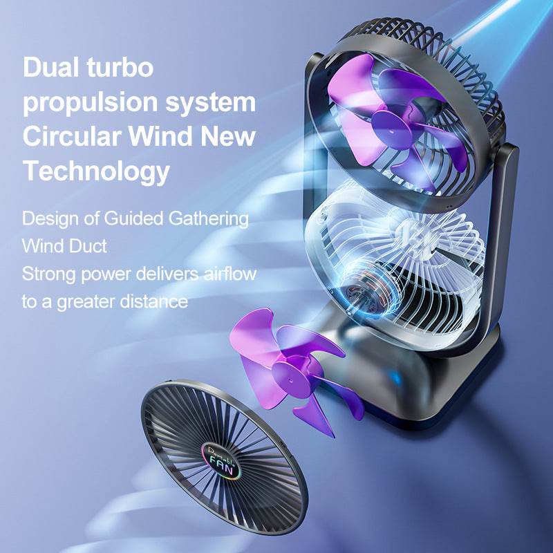Purple Dual Head Usb Rechargeable Desk Fan Portable Double Air Circulator