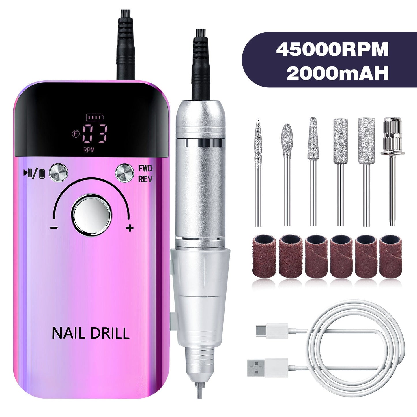 Purple High Speed Portable Nail Drill Set - Electric File With 6 Bits