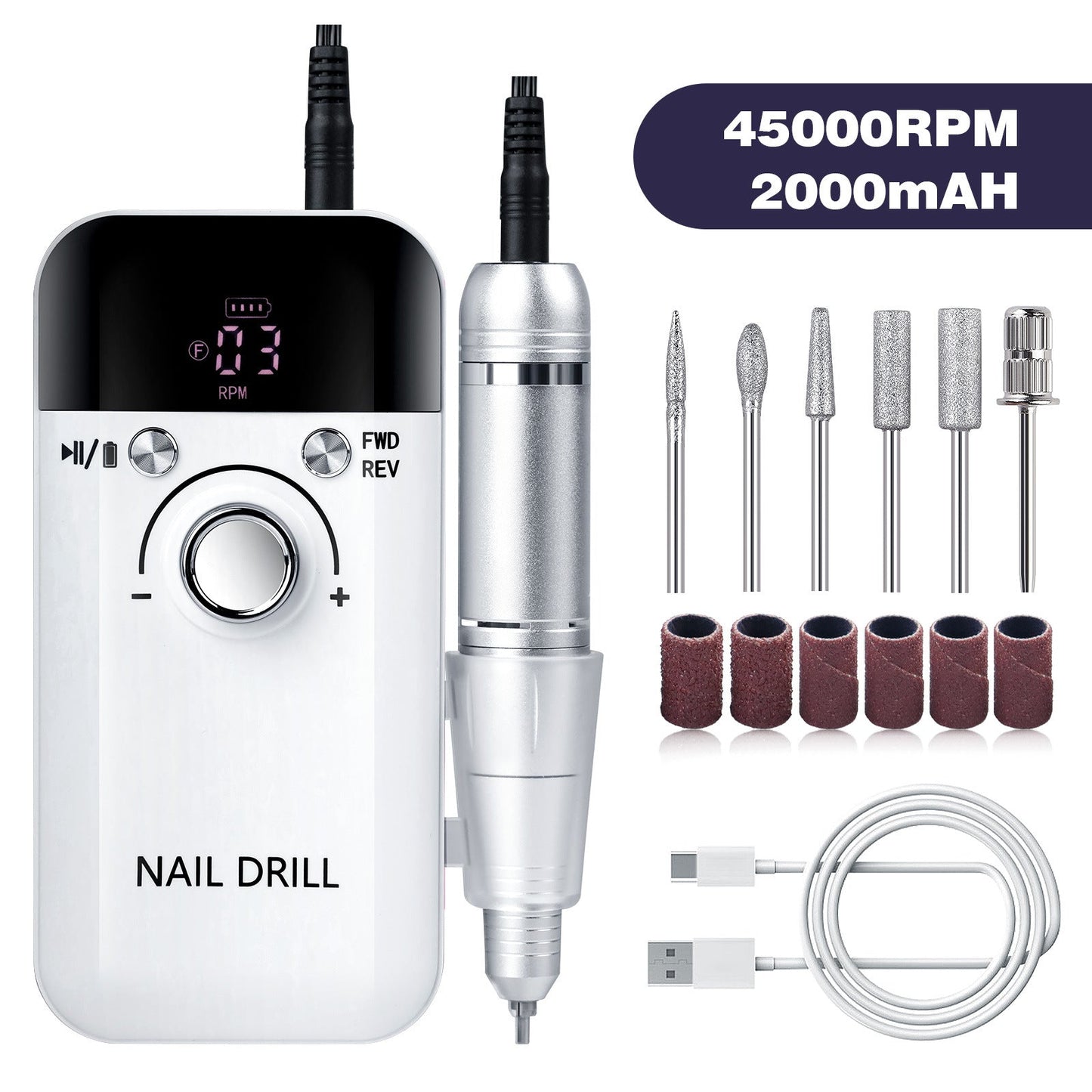 White High Speed Portable Nail Drill Set Electric File With 6 Bits