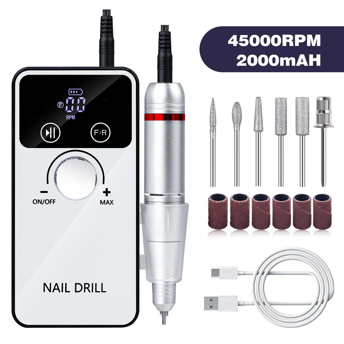 White Electric Nail Drill Rechargeable Speed Low Vibration