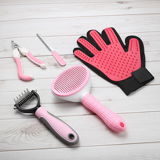 Pink 5-Piece Pet Grooming Kit Cat & Dog Brushes Nail Clippers More