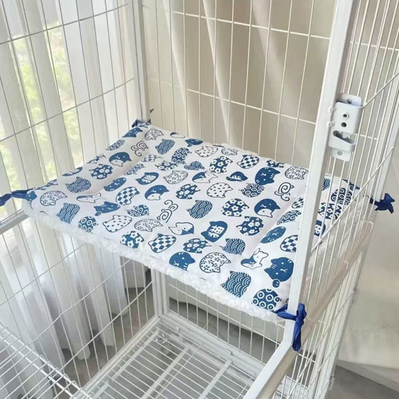 Tie On Cat Cage Platform Pad Blue Pattern White Background (30X50cm)