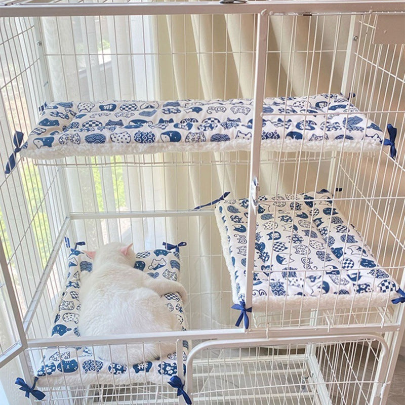 Tie On Cat Cage Platform Pad Blue Pattern White Background (30X50cm)