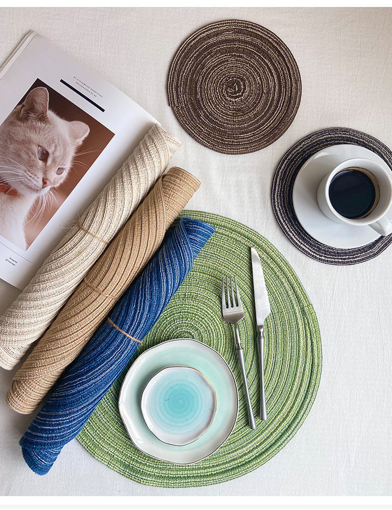 Elosung 8 Pcs Blue Woven Round Placemat - Non-Slip Heat-Resistant Dining Table Mat 30Cm
