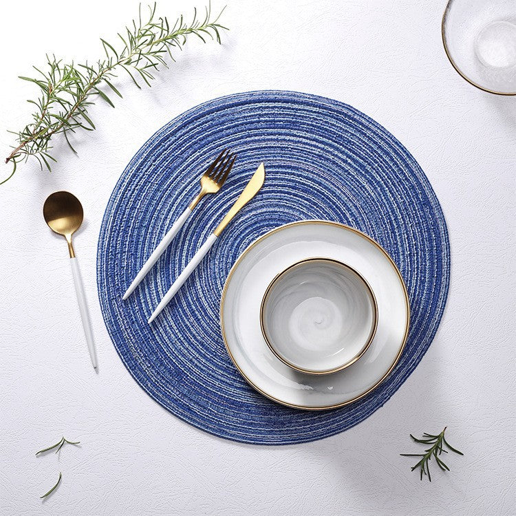 Elosung 8 Pcs Blue Woven Round Placemat - Non-Slip Heat-Resistant Dining Table Mat 30Cm