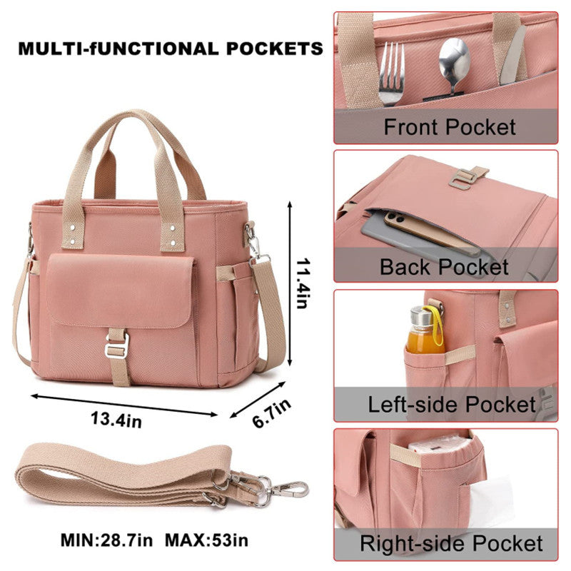 Pink Insulated Lunch Bag With Removable Strap Side Pockets For Water Bottle