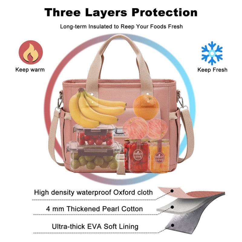 Pink Insulated Lunch Bag With Removable Strap Side Pockets For Water Bottle