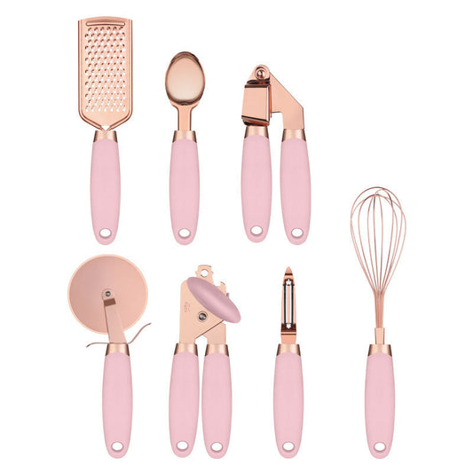 Pink And Rose Gold 7 Piece Kitchen Gadget Set Stainless Steel Utensils With Comfort Grip Handles