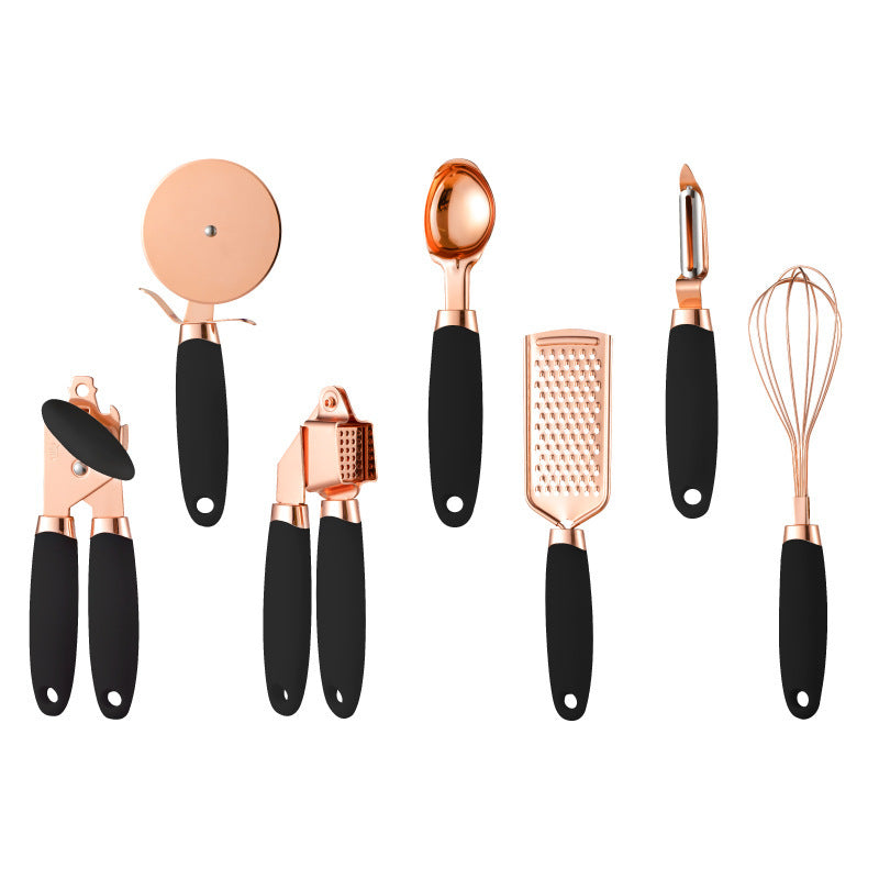 Pink And Rose Gold 7 Piece Kitchen Gadget Set Stainless Steel Utensils With Comfort Grip Handles