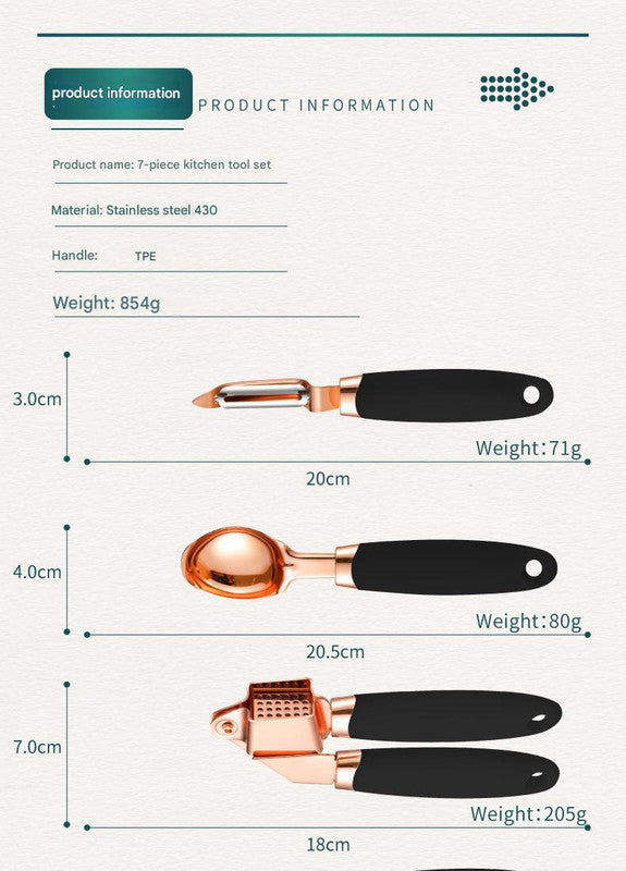 Pink And Rose Gold 7 Piece Kitchen Gadget Set Stainless Steel Utensils With Comfort Grip Handles