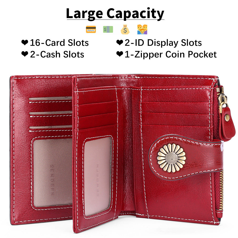 Purple (Wrestling) Women's Short Leather Wallet European Style Waxed Coin Purse With Zipper Card Holder In Red