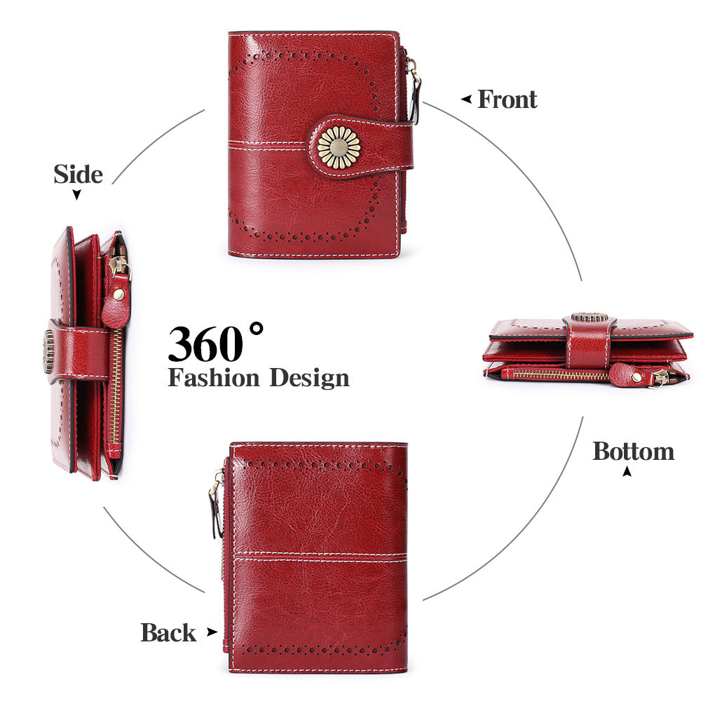 Purple (Wrestling) Women's Short Leather Wallet European Style Waxed Coin Purse With Zipper Card Holder In Red