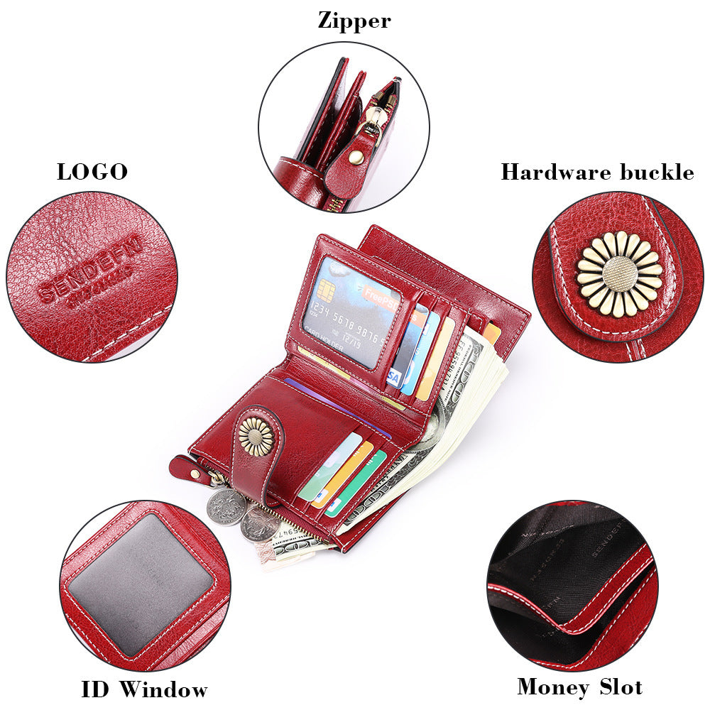 Purple (Wrestling) Women's Short Leather Wallet European Style Waxed Coin Purse With Zipper Card Holder In Red