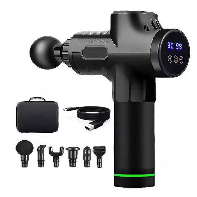 Black Deep Tissue Percussion Massage Gun - 30 Speeds 6 Heads Type-C Charging