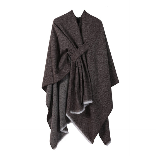 Solid Knit Poncho Shawlwarm Fall/Winter Cape With Slit And Crossbar Design(Coffee)