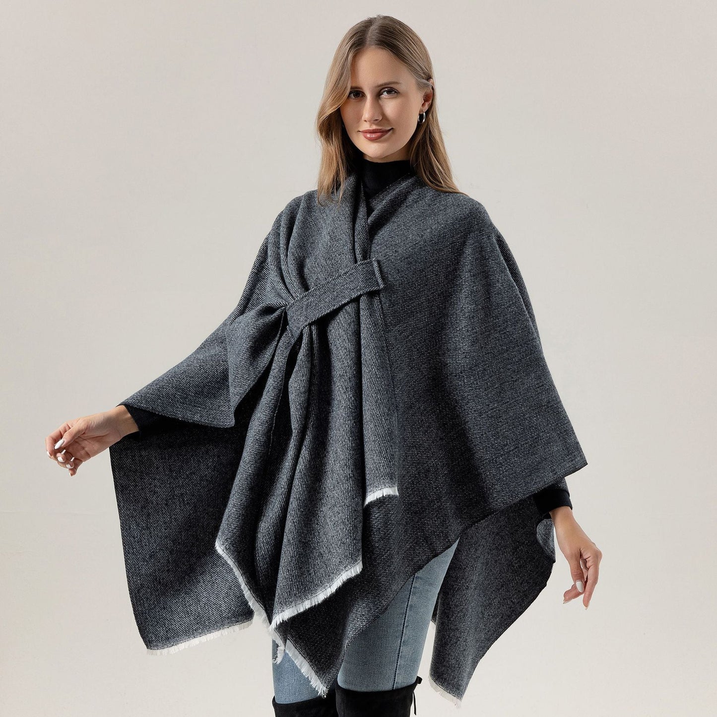 Solid Knit Poncho Shawlwarm Fall/Winter Cape With Slit And Crossbar Design(Coffee)