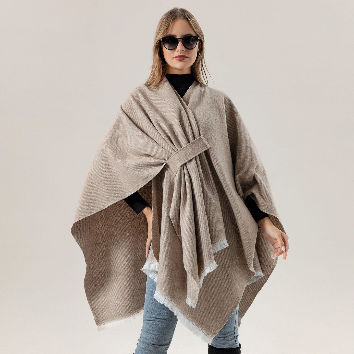 Solid Knit Poncho Shawlwarm Fall/Winter Cape With Slit And Crossbar Design(Coffee)