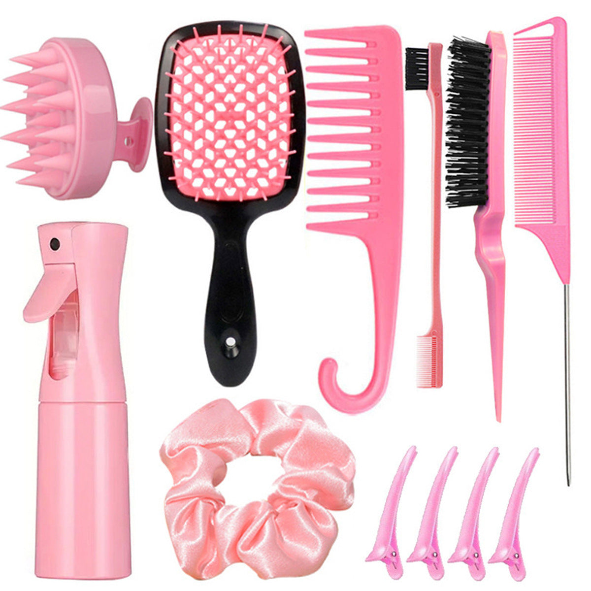 Complete Hair Styling Kit With Detangling Brushes Combs Spray Bottle And Accessories(Pink)