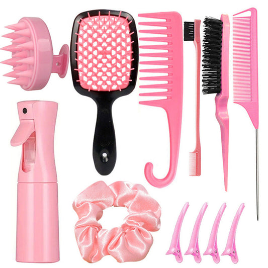 Complete Hair Styling Kit With Detangling Brushes Combs Spray Bottle And Accessories(Pink)