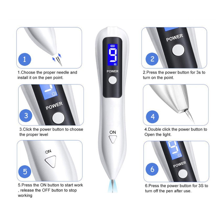 Professional 9 Level Skin Tag & Mole Remover Pen Usb Rechargeable With Led Display Multiple Needles(White)