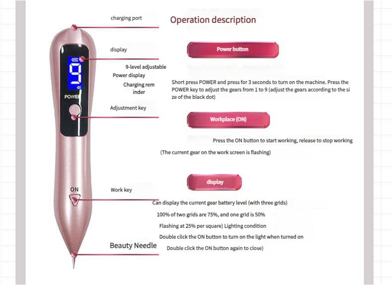 Professional 9 Level Skin Tag & Mole Remover Pen Usb Rechargeable With Led Display Multiple Needles(White)