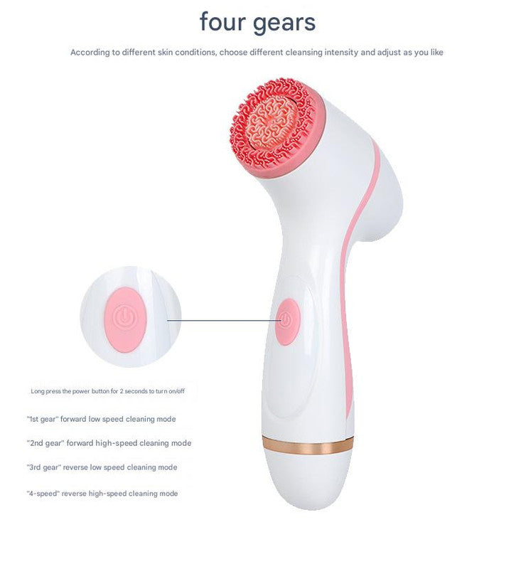 Pink Waterproof Facial Cleansing Spin Brush Set - Rechargeable With 3 Heads & Charging Stand