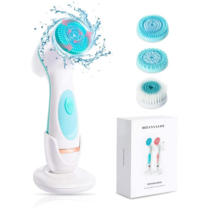 Pink Waterproof Facial Cleansing Spin Brush Set - Rechargeable With 3 Heads & Charging Stand
