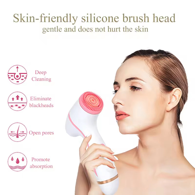 Pink Waterproof Facial Cleansing Spin Brush Set - Rechargeable With 3 Heads & Charging Stand