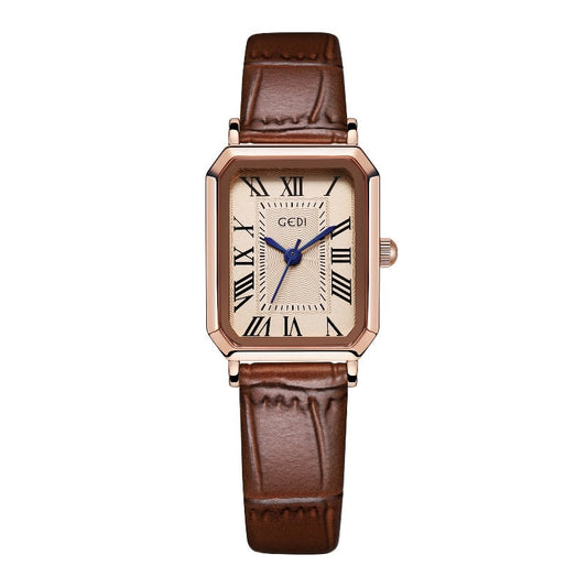 Rose Gold Shell Coffee Strap Ladies Quartz Watch Classic Rectangular Leather Band
