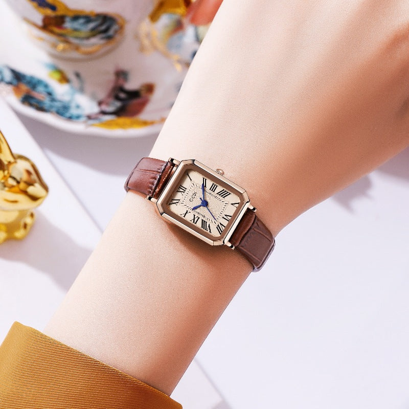 Rose Gold Shell Coffee Strap Ladies Quartz Watch Classic Rectangular Leather Band