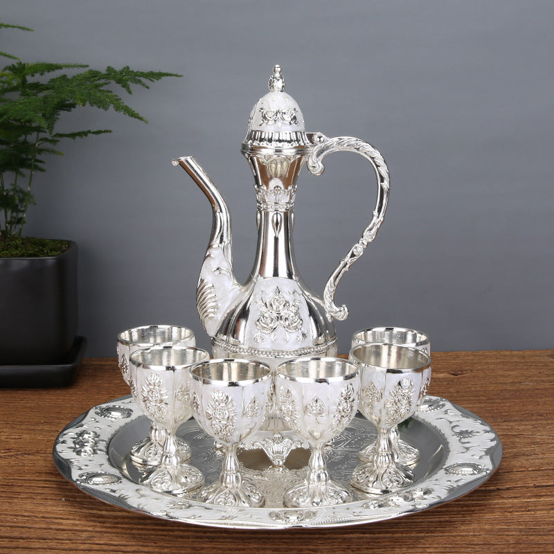Palace Style Liquor Serving Set Metal Pot 6 Cups & Tray Silver