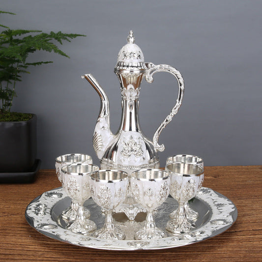 Palace Style Liquor Serving Set Metal Pot 6 Cups & Tray Silver