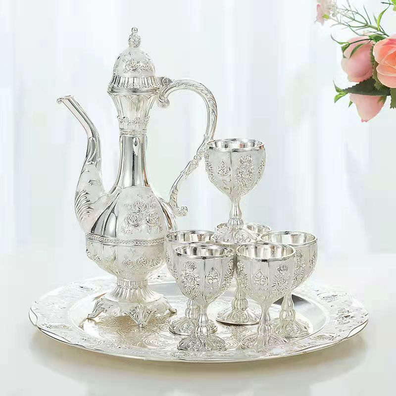 Palace Style Liquor Serving Set Metal Pot 6 Cups & Tray Silver