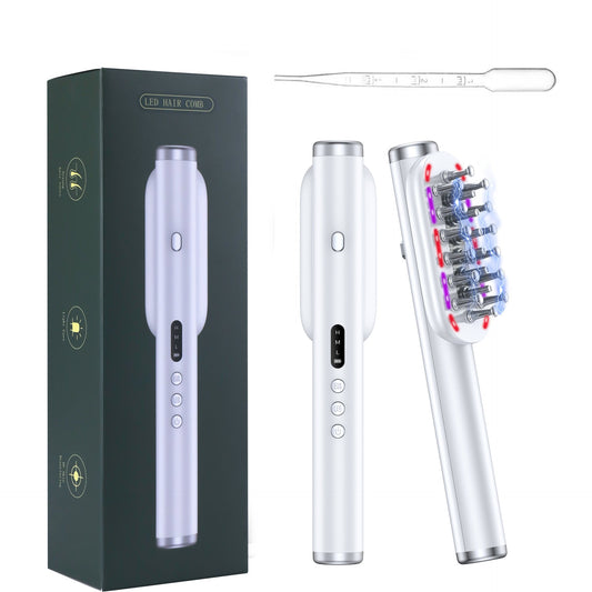 White Vibrating Scalp Massager Comb Led Therapy & Oil Infuser For Hair Growth