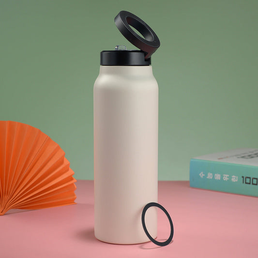 32Oz Stainless Steel Insulated Water Bottle With Integrated Magnetic Phone Stand Beige