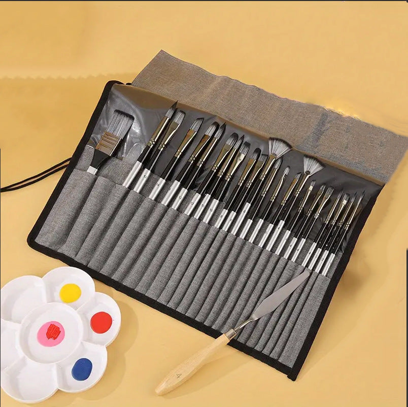 24Pc Artist Paint Brush Set With Canvas Roll Up Case Nylon Hair Brushes For Acrylic Watercolor Oil Gouache Painting