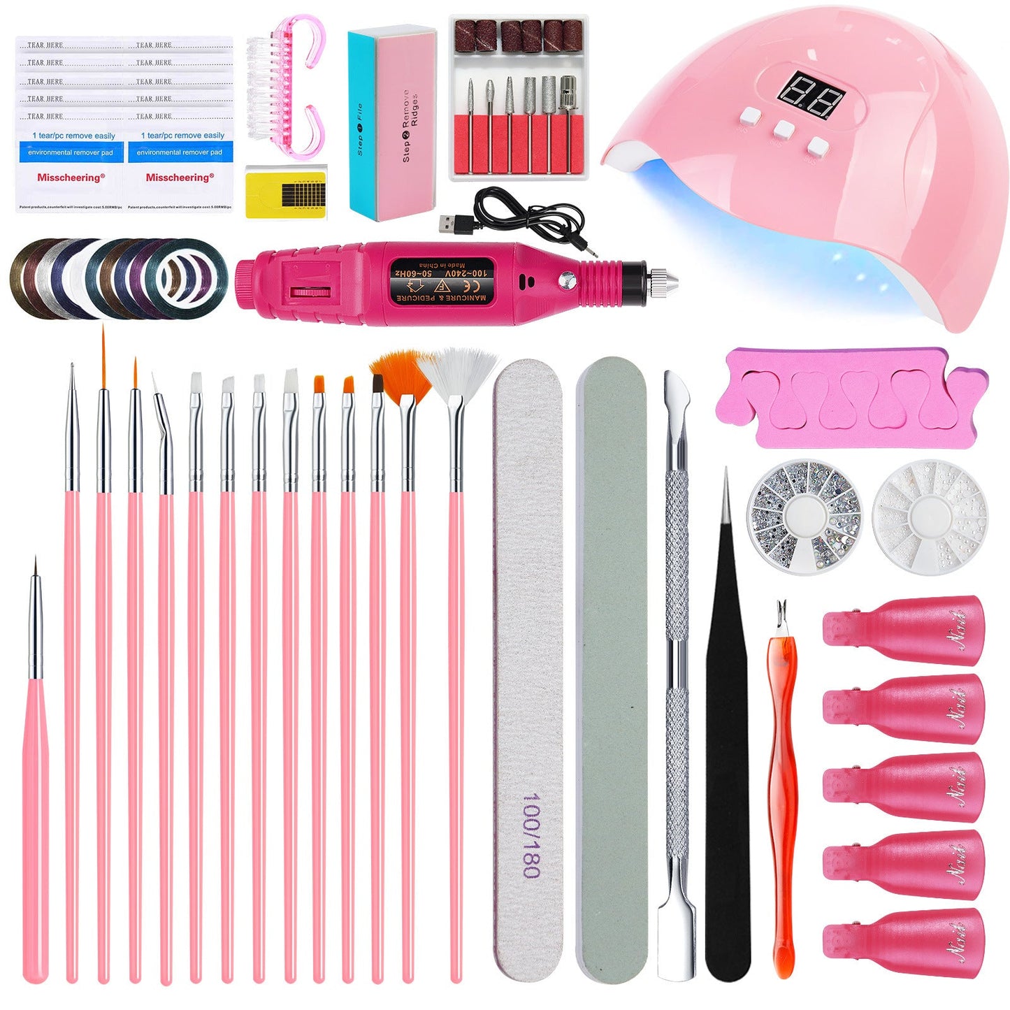 Complete Nail Art Manicure Kit Uv Led Lamp Electric Drill Brushes & Accessories