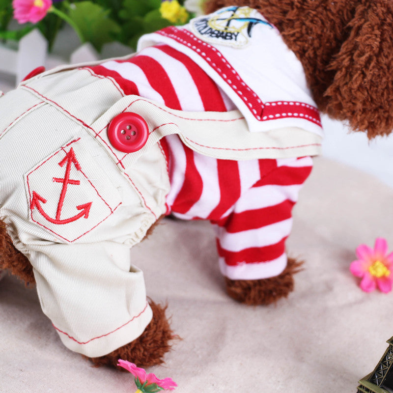 Red Cute Sailor Dog Outfit Striped Shirt & Anchor Overalls For Small Dogs (Size : )