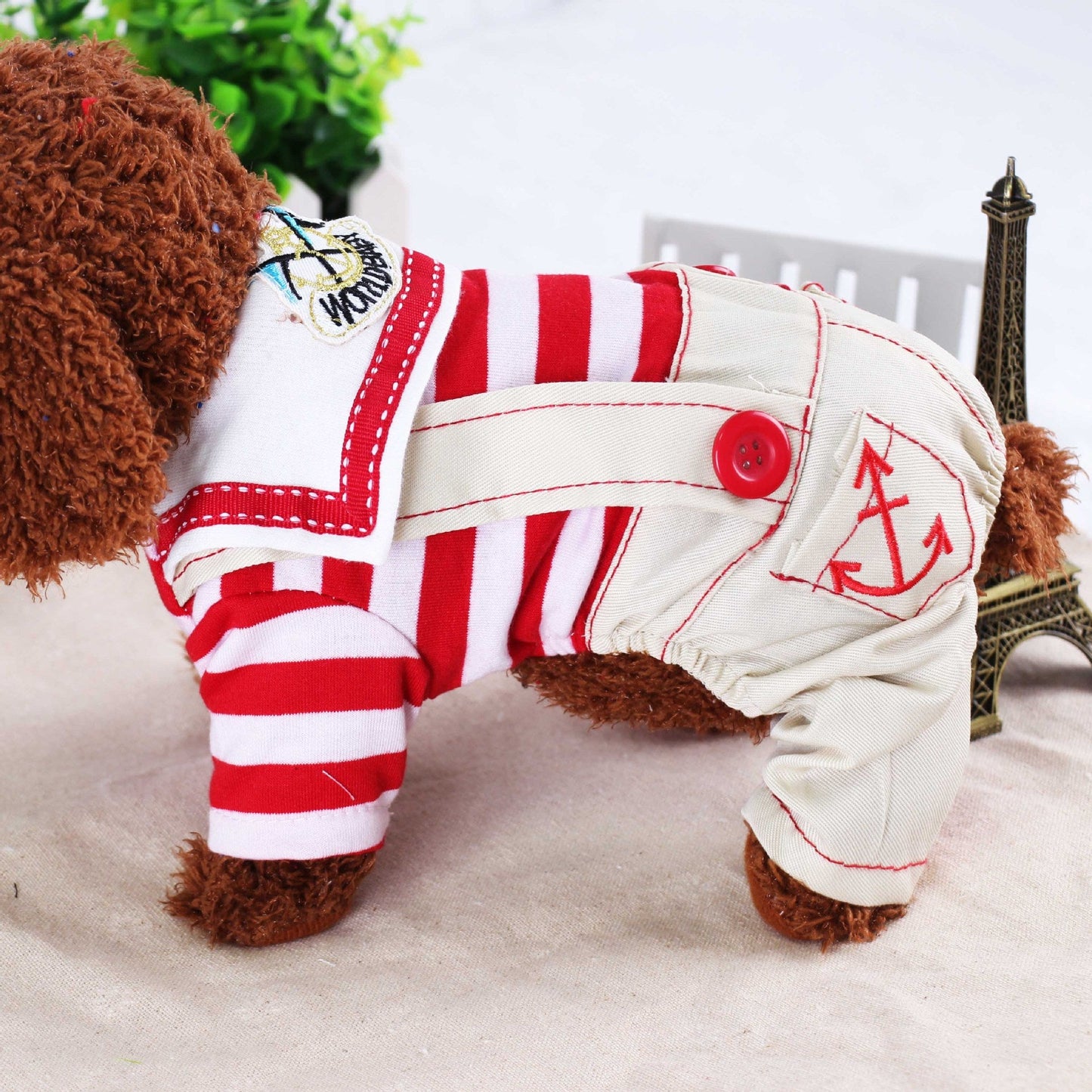 Red Cute Sailor Dog Outfit Striped Shirt & Anchor Overalls For Small Dogs (Size : )