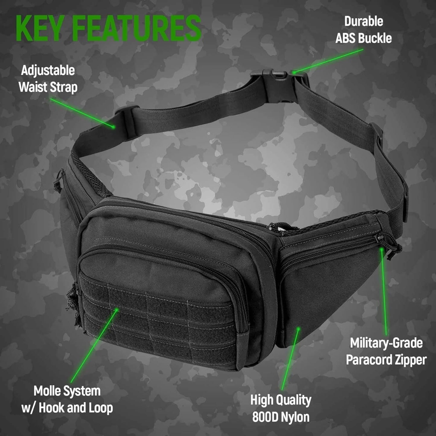 Black Rugged Tactical Waist Pack Molle Outdoor Fanny Bag For Hiking Cycling & Travel