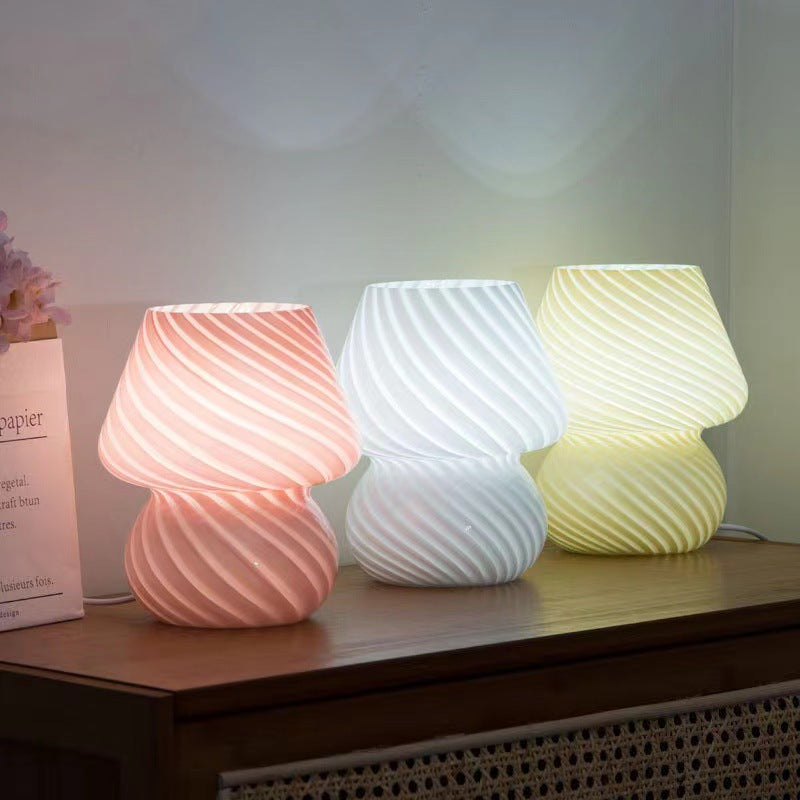 Yellow Retro Swirl Glass Mushroom Table Lamp Usb Powered 3 Level Dimmable Bedside Accent Light