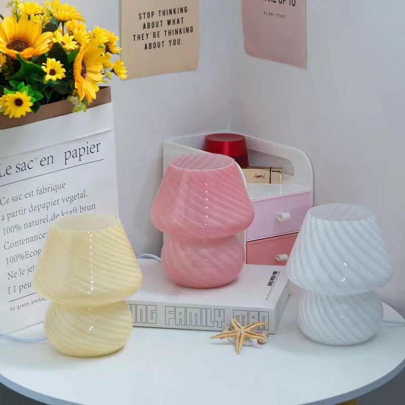 Yellow Retro Swirl Glass Mushroom Table Lamp Usb Powered 3 Level Dimmable Bedside Accent Light