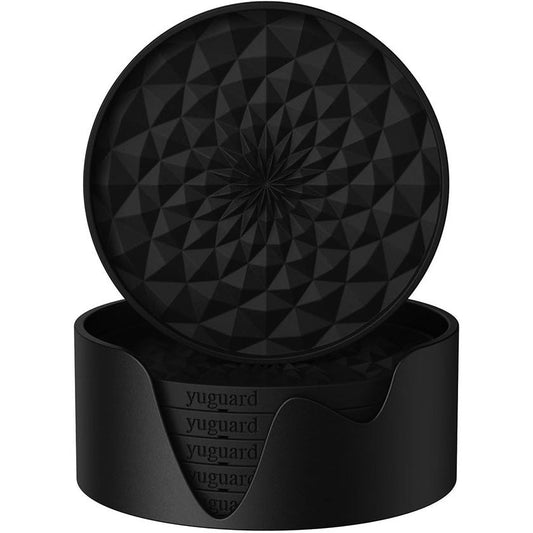 Black Geometric Silicone Drink Coasters Set (6 Pack) With Holder Non Slip Table Protectors