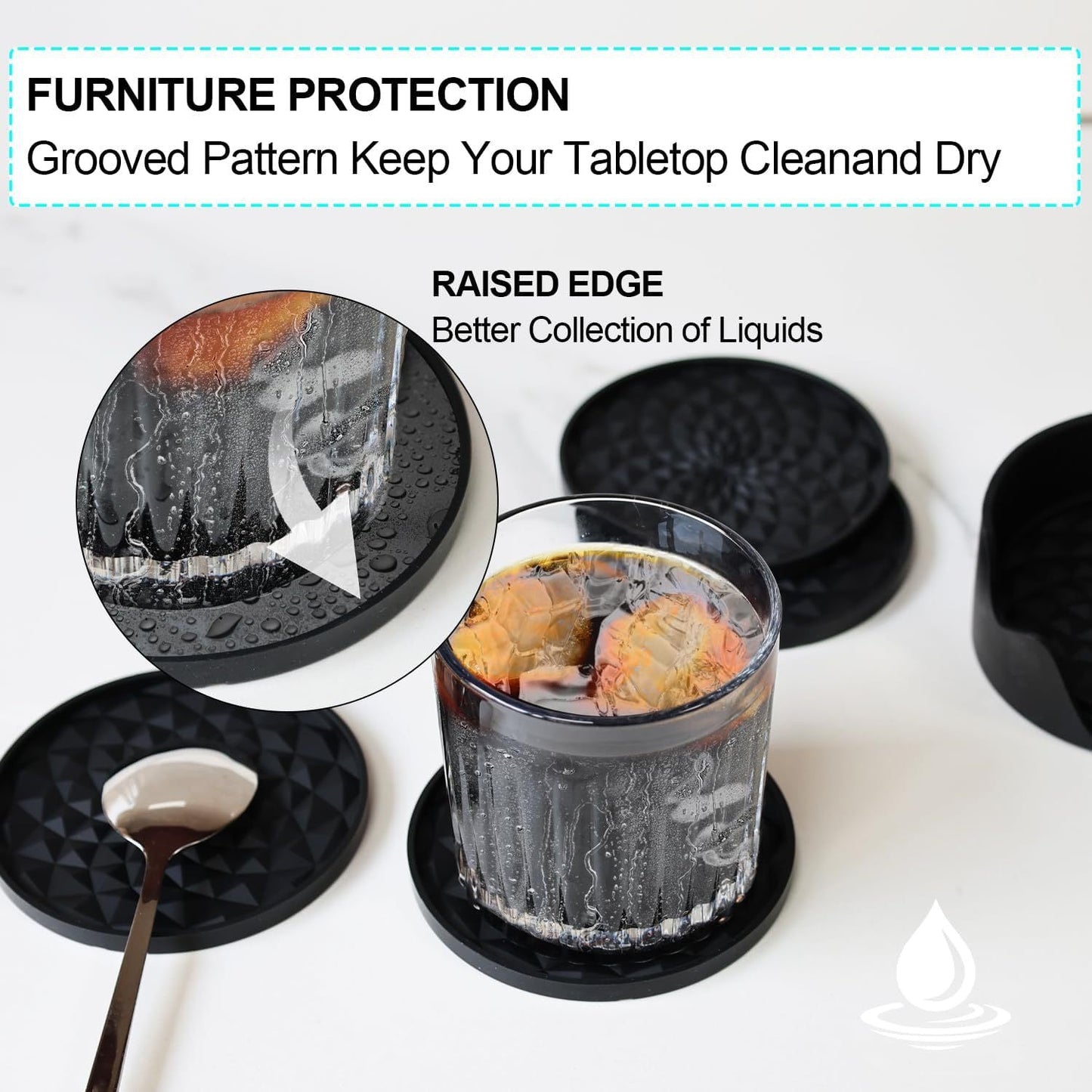 Black Geometric Silicone Drink Coasters Set (6 Pack) With Holder Non Slip Table Protectors