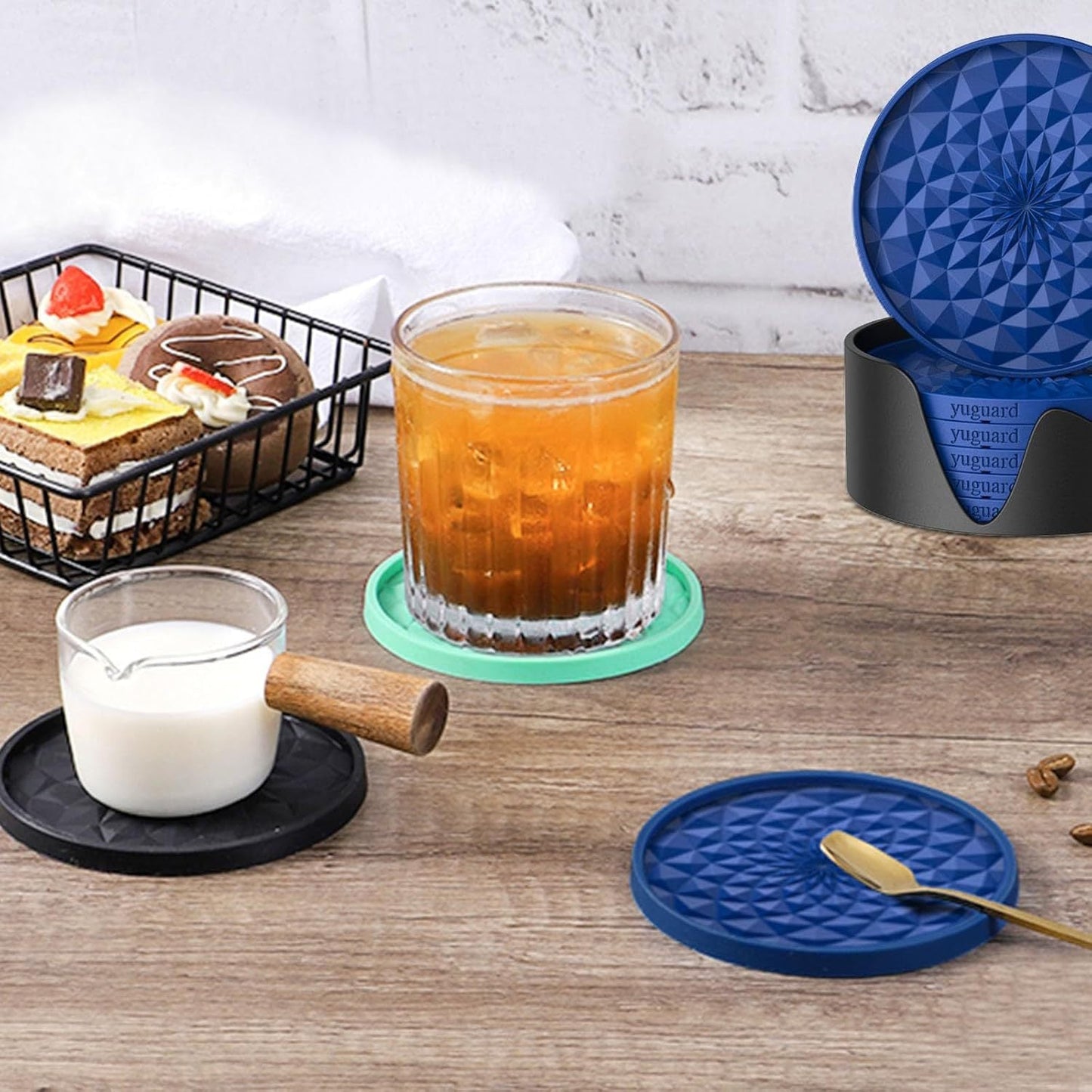 Red And Black Geometric Silicone Drink Coasters Set 6 Pack With Holder Non Slip Table Protectors