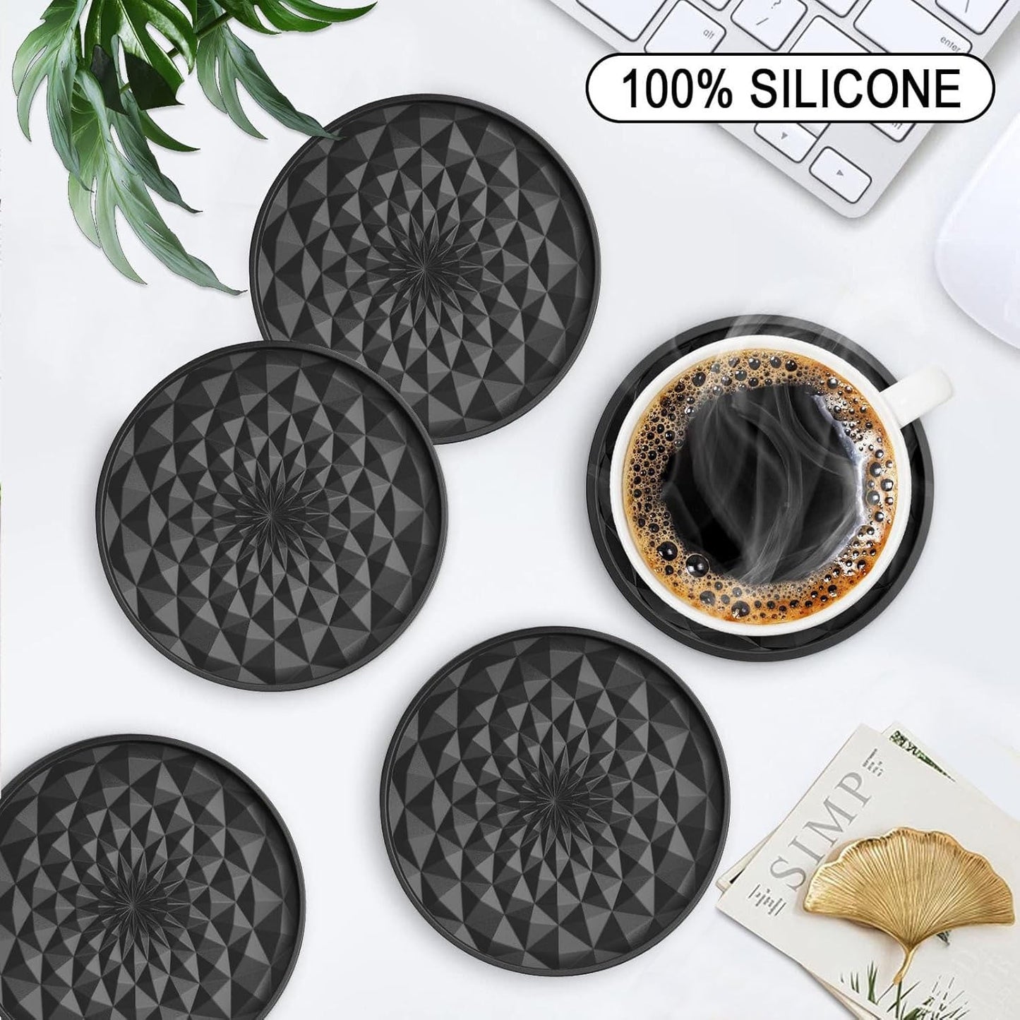 Red And Black Geometric Silicone Drink Coasters Set 6 Pack With Holder Non Slip Table Protectors