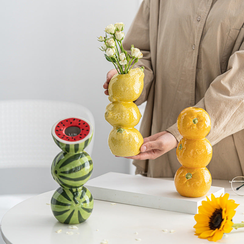 Yellow Zesty Stacked Lemon Ceramic Vase Cheerful Nordic Tabletop Decor