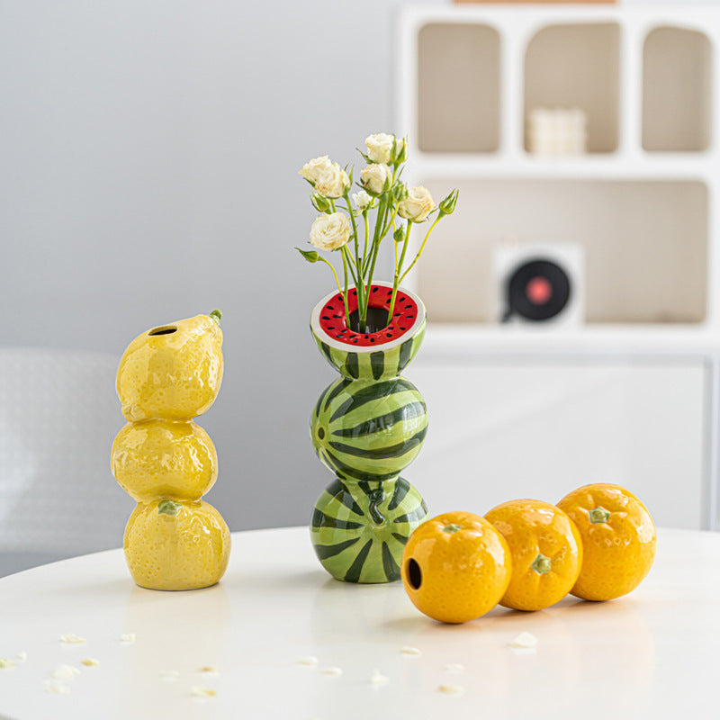 Yellow Zesty Stacked Lemon Ceramic Vase Cheerful Nordic Tabletop Decor