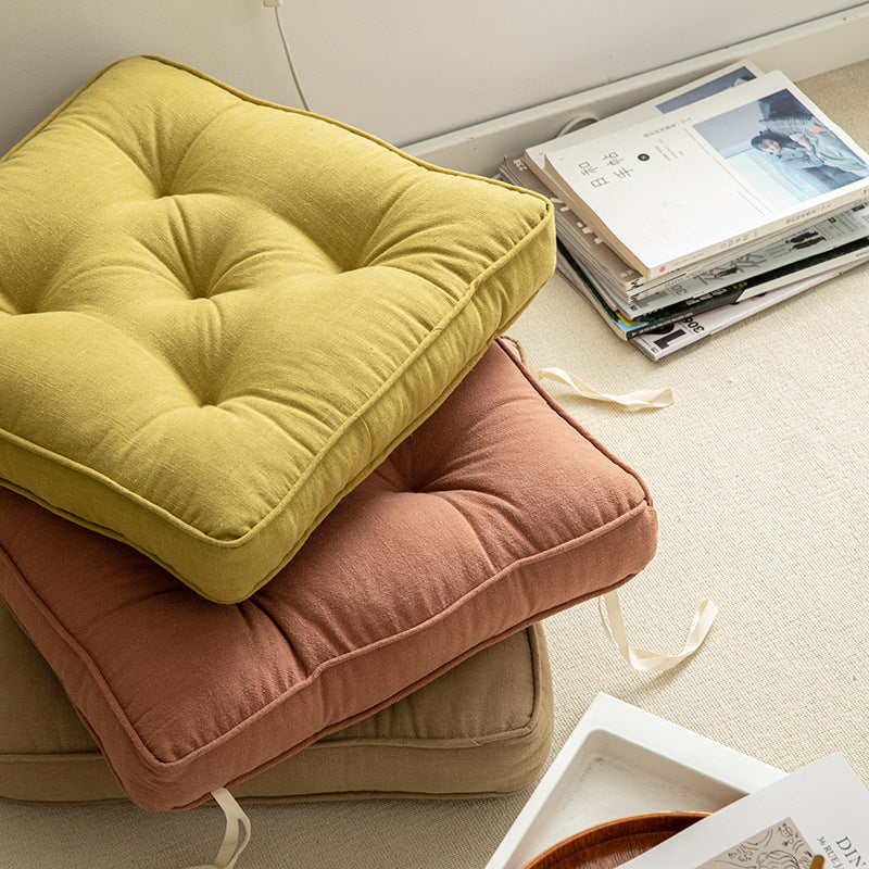 Beige Soft And Thick Seat Cushion Cotton Linen Blend Chair Pad With Ties 43X43cm