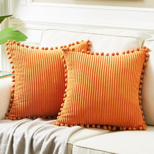 Orange Soft Corduroy Cushion Covers With Pom Trim - Set Of 2 Decorative Throw Pillow Cases For Sofa Couch Bed 45X45cm